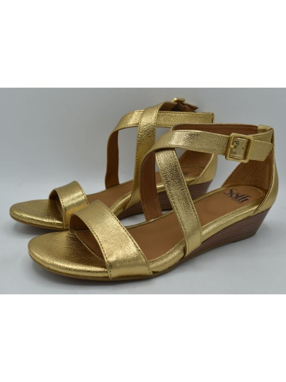 Sofft‎ Womens Size 8 Innis Metallic Gold Leather Wedge Open Toe Strappy Sandals